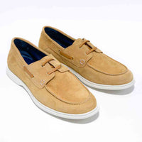 Albert Beige Crust Leather Lace-up Boat Shoes - Angled Side View - POEVE Collection
