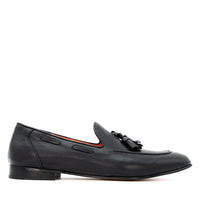 Axel Black Leather Loafers with Leather Tassels - Side View - POEVE Collection