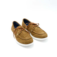 Albert Brown Crust Leather Lace-up Boat Shoes - Angled Side View - POEVE Collection