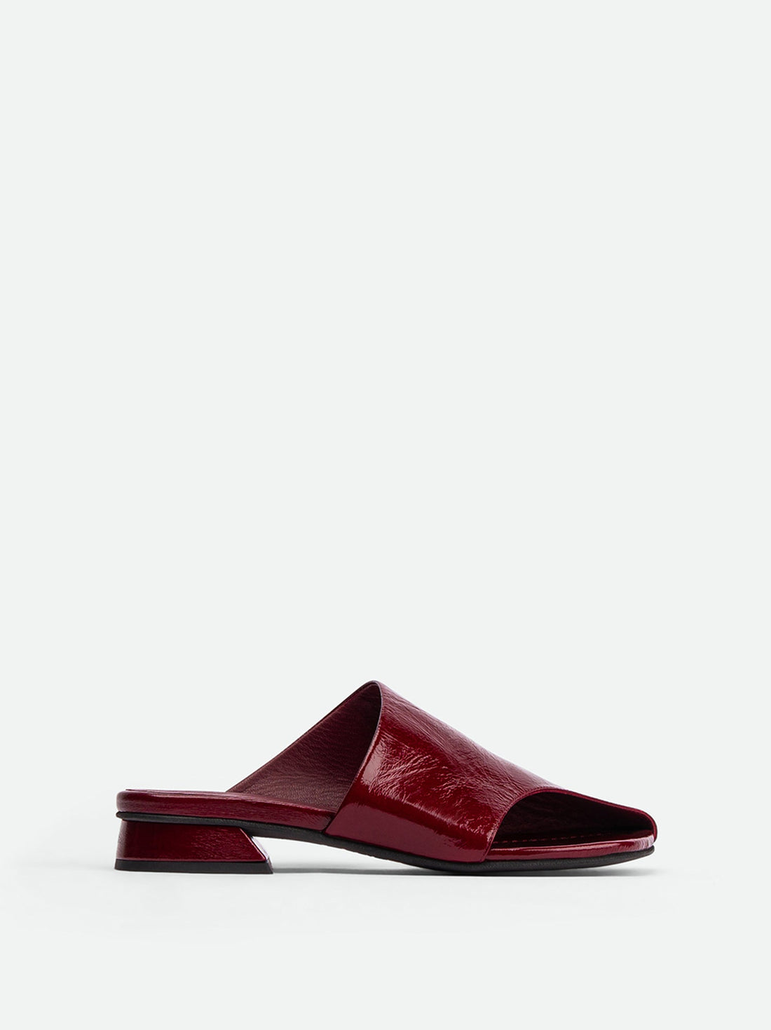 Melanie Dark Red Crinkled Patent Leather Mules - Side View - POEVE Collection