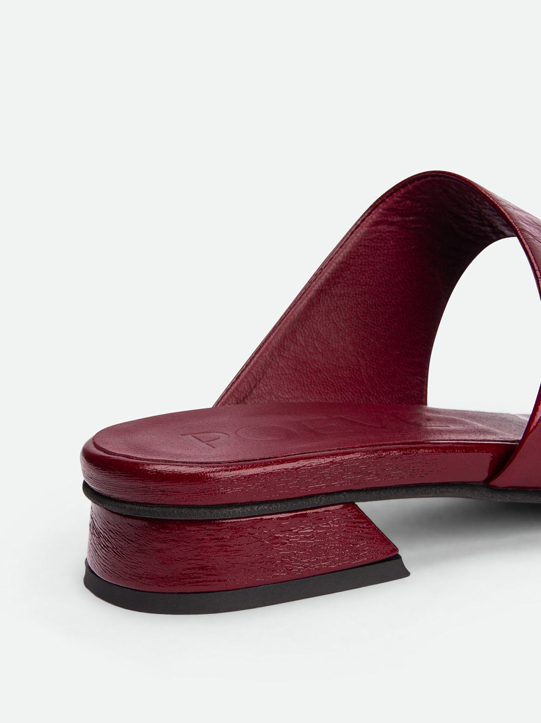 Melanie Dark Red Crinkled Patent Leather Mules - Heel Close-up View - POEVE Collection