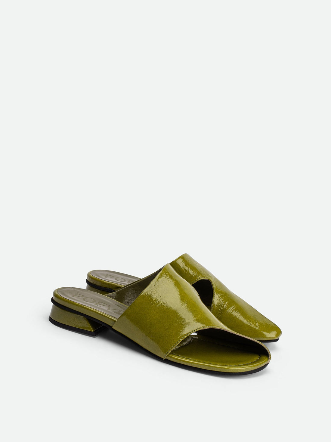 Melanie Green Crinkled Patent Leather Mules - Angled Side View - POEVE Collection