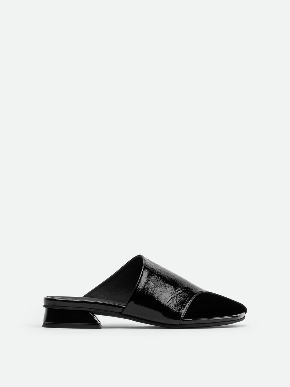 Melanie Black Crinkled Patent Leather Mules - Side View - POEVE Collection