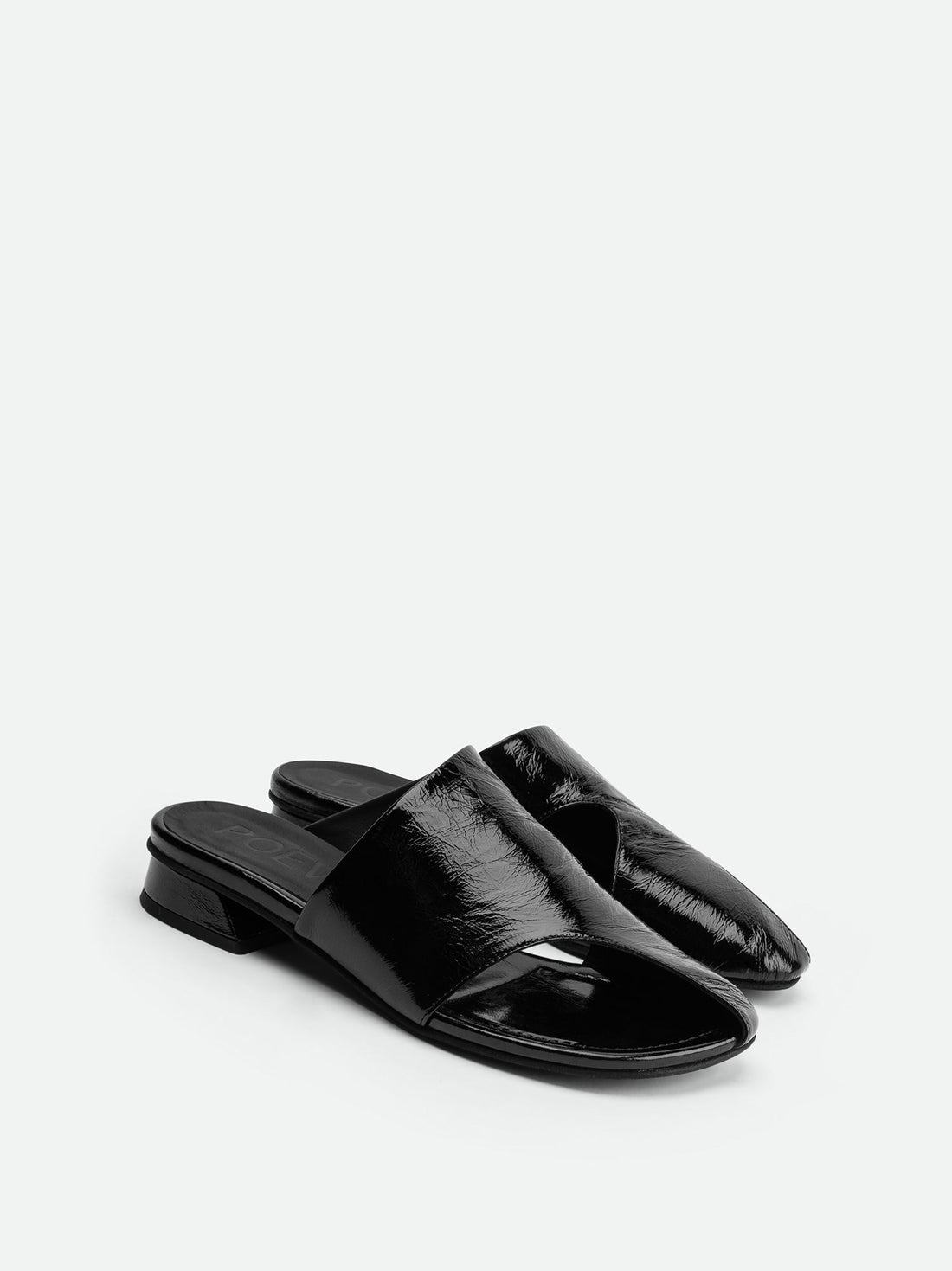 Melanie Black Crinkled Patent Leather Mules - Angled Side View - POEVE Collection