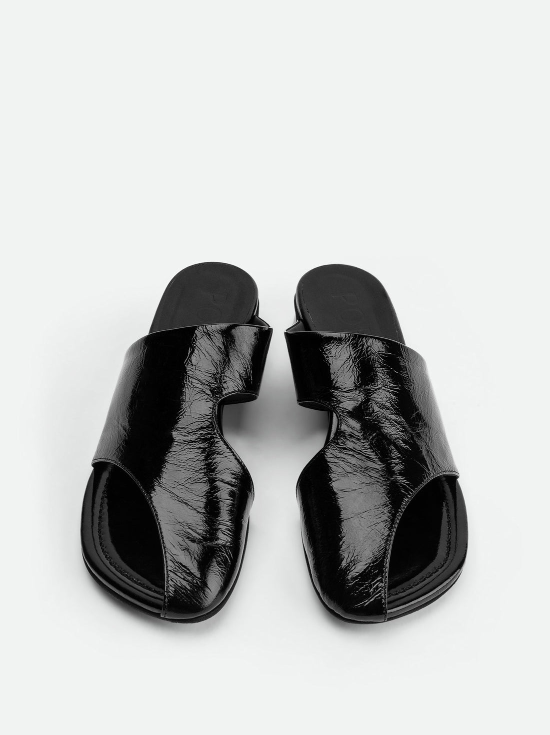 Melanie Black Crinkled Patent Leather Mules - Top View - POEVE Collection