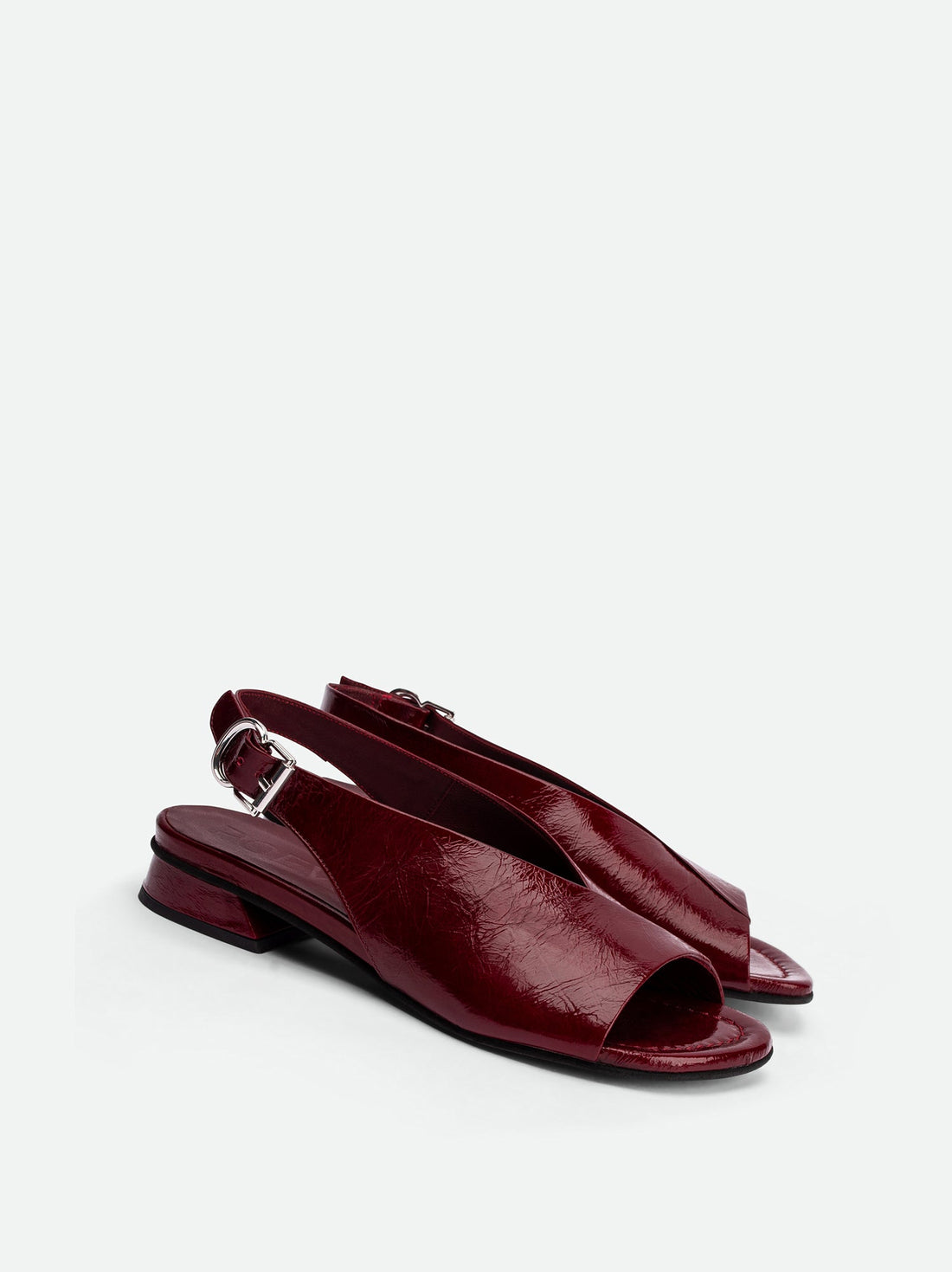 Christin Red Crinkled Patent Leather Slingbacks - Angled Side View - POEVE Collection