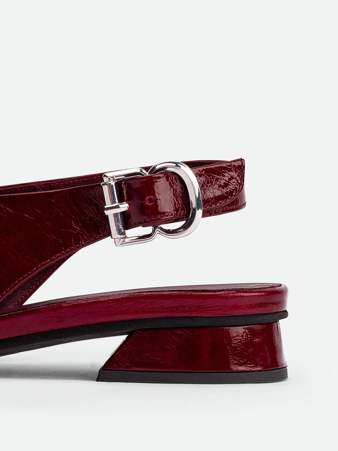 Christin Red Crinkled Patent Leather Slingbacks - Heel Close-up View - POEVE Collection