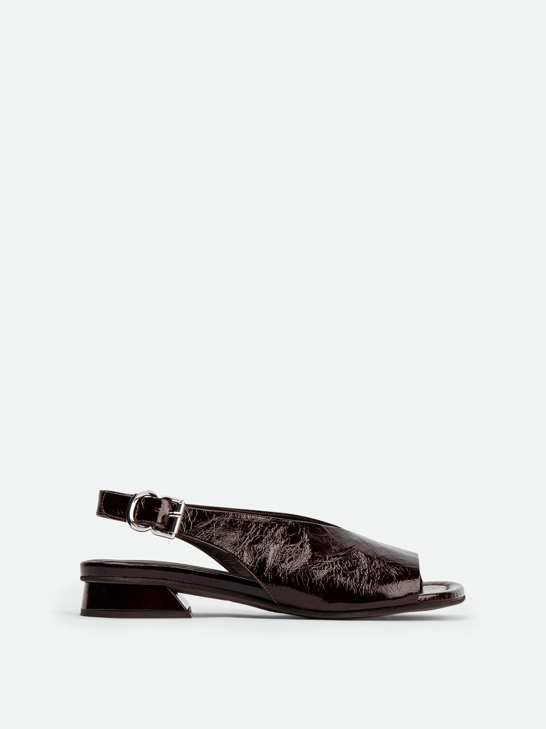 Christin Brown Crinkled Patent Leather Slingback Sandals - Side View - POEVE Collection