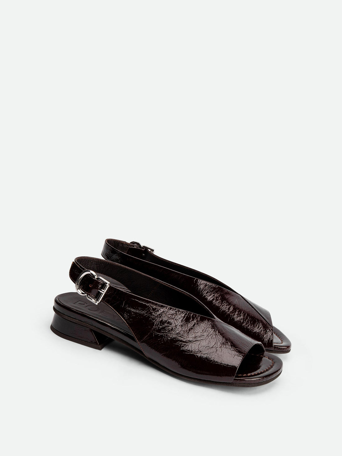 Christin Brown Crinkled Patent Leather Slingback Sandals - Angled Side View - POEVE Collection