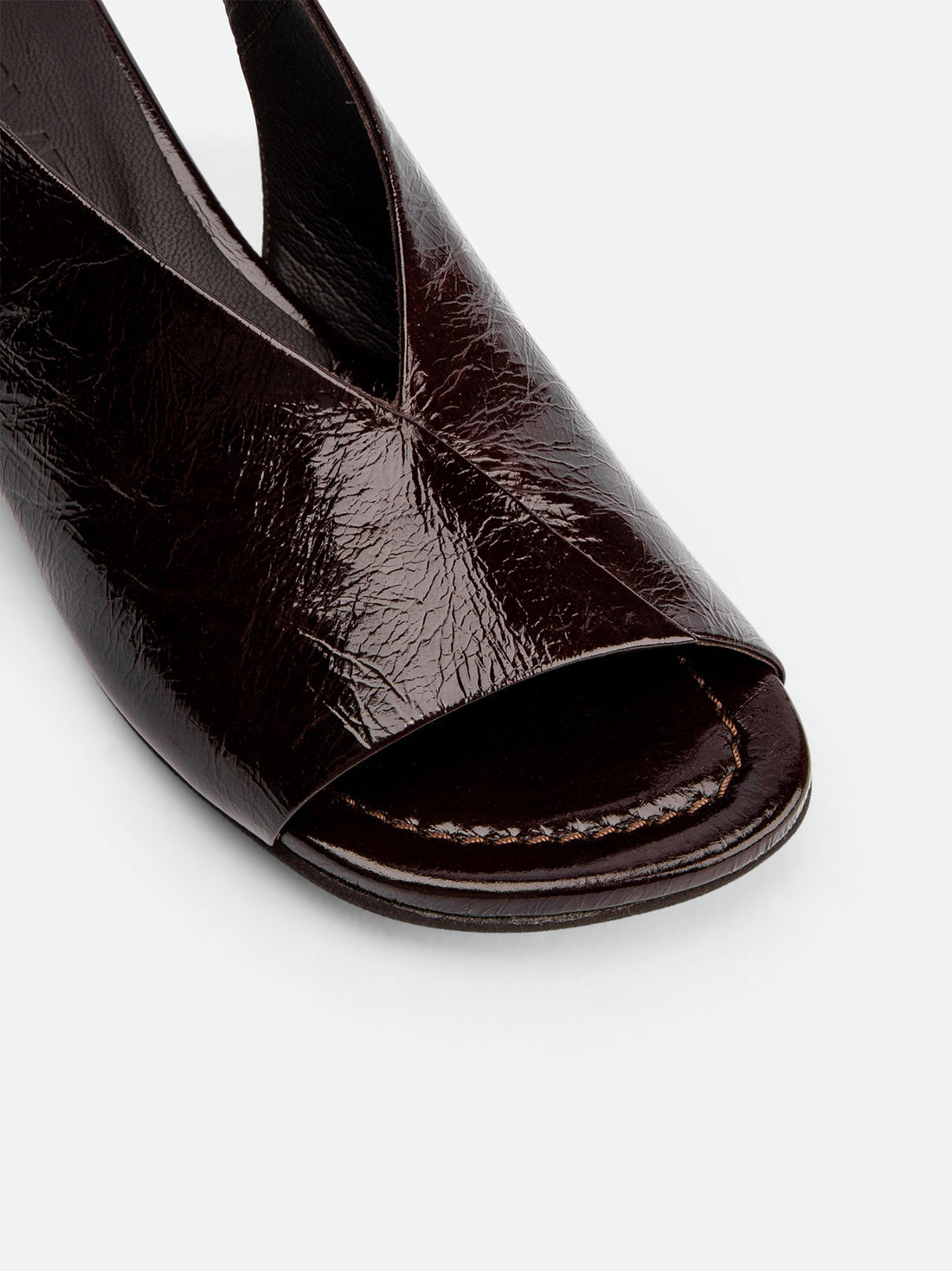 Christin Brown Crinkled Patent Leather Slingback Sandals - Toe Close-up View - POEVE Collection