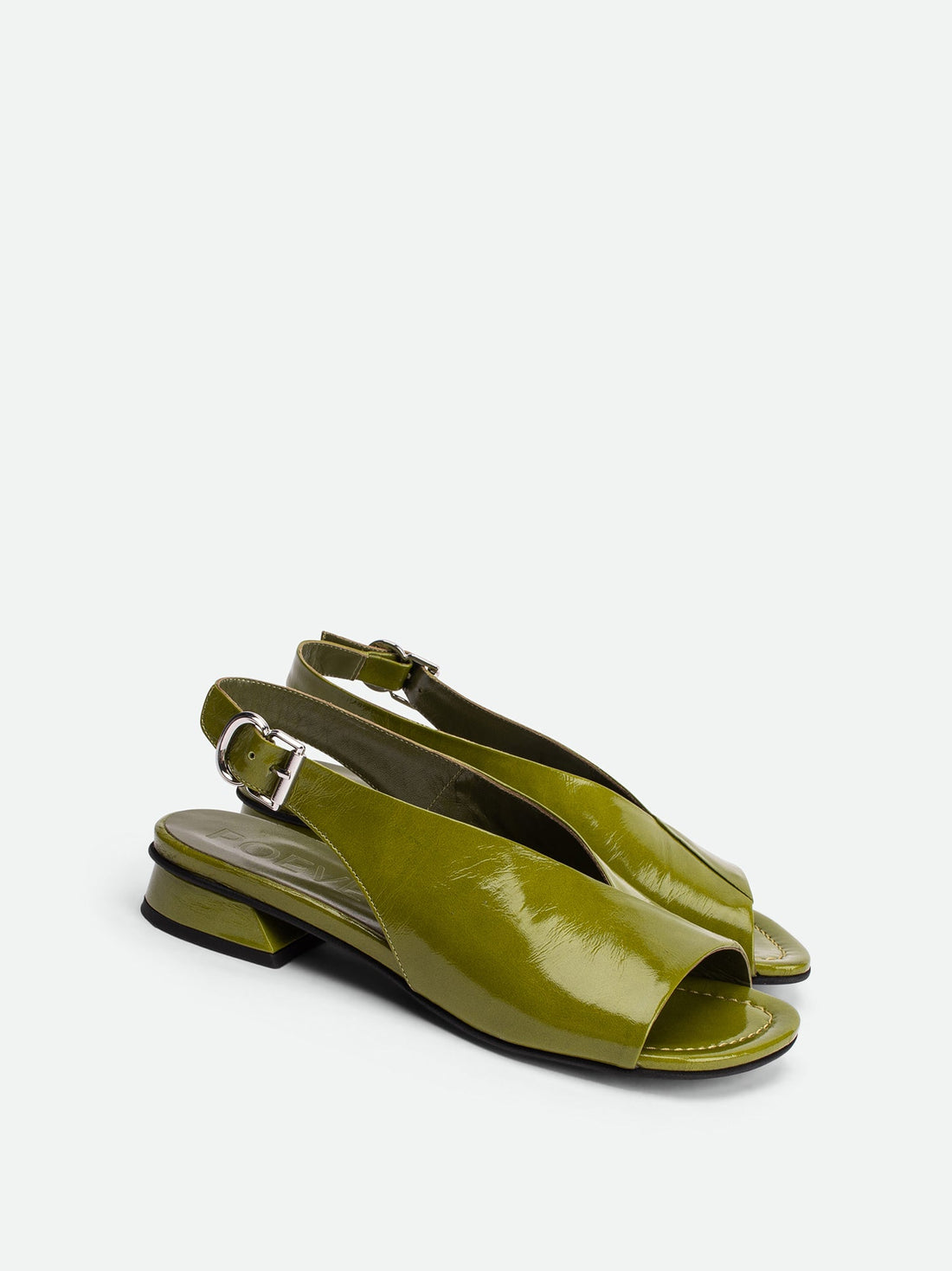 Christin Green Crinkled Patent Leather Slingback Sandals - Angled Side View - POEVE Collection