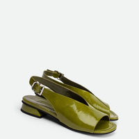 Christin Green Crinkled Patent Leather Slingback Sandals - Angled Side View - POEVE Collection