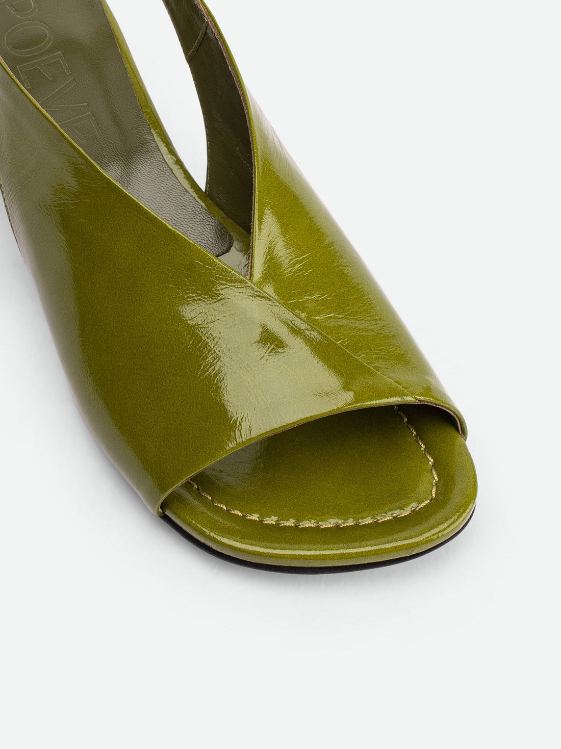 Christin Green Crinkled Patent Leather Slingback Sandals - Toe Close-up View - POEVE Collection