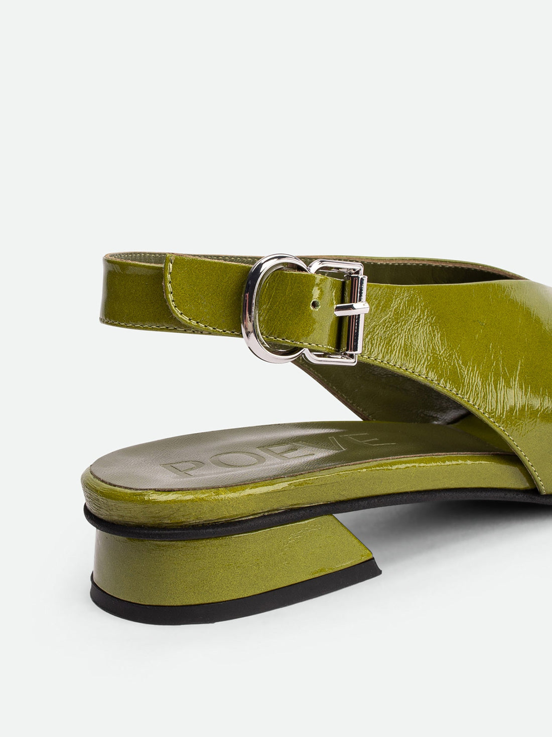 Christin Green Crinkled Patent Leather Slingback Sandals - Back Close-up View - POEVE Collection