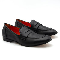 Oscar Black Leather Penny Loafers - Angled Side View - POEVE Collection