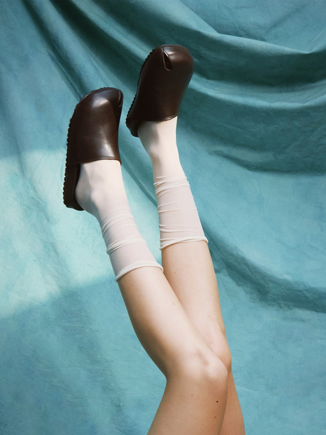 Olga Brown Leather Mules, styled with sheer white socks - POEVE Collection