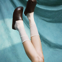 Olga Brown Leather Mules, styled with sheer white socks - POEVE Collection