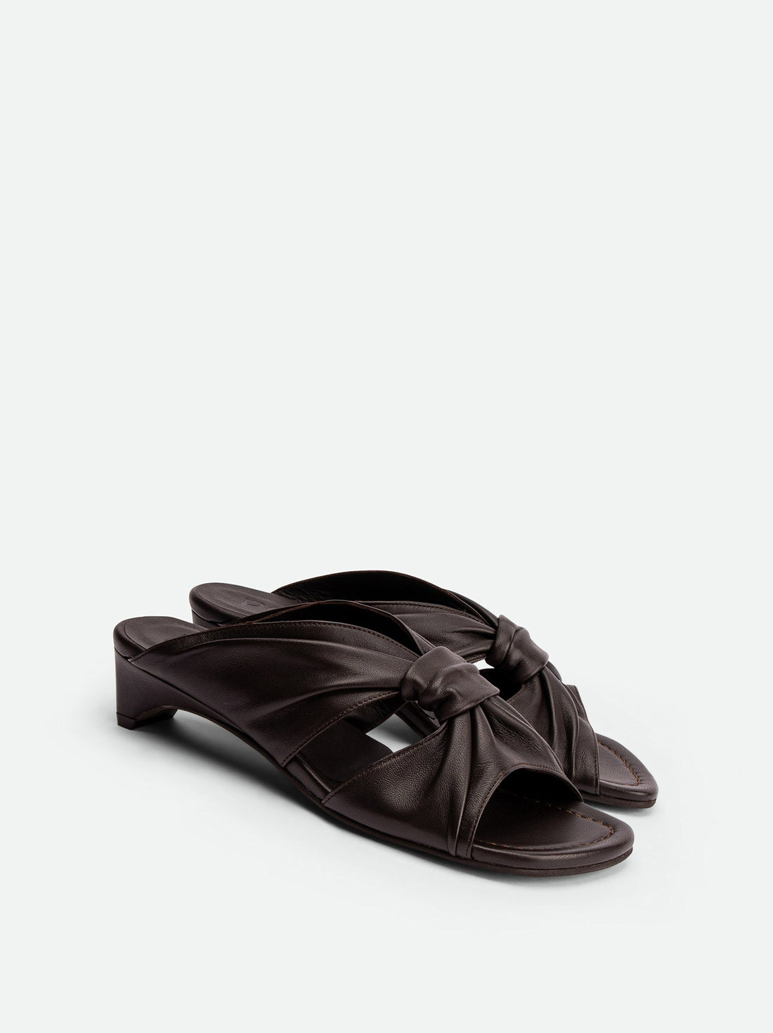 Adele Brown Leather Heel Mules - Angled Side View - POEVE Collection