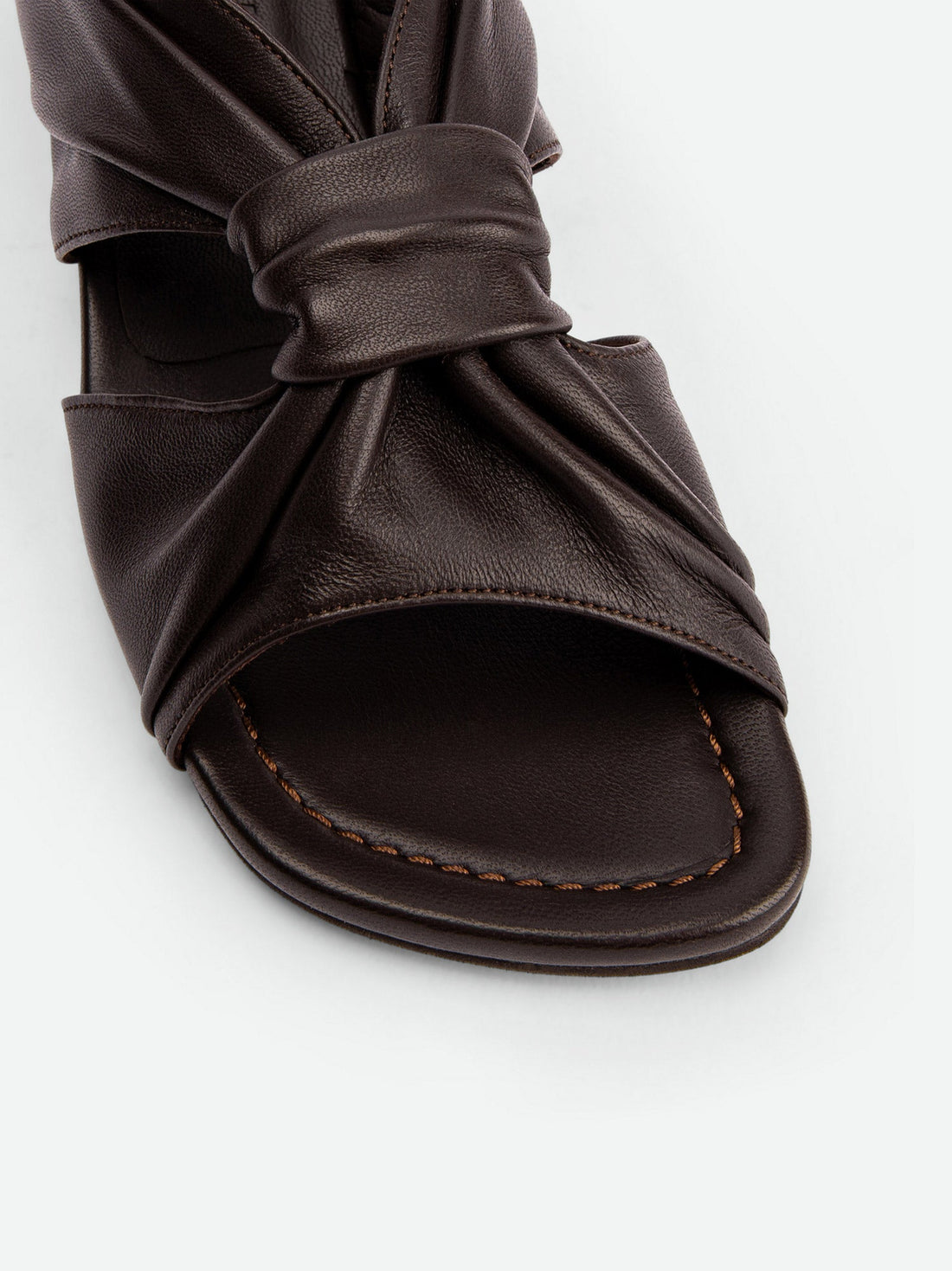 Adele Brown Leather Heel Mules - Close-up View - POEVE Collection