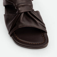Adele Brown Leather Heel Mules - Close-up View - POEVE Collection