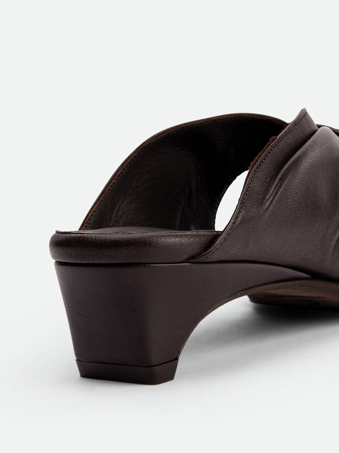 Adele Brown Leather Heel Mules - Heel Close-up View - POEVE Collection