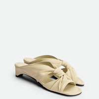 Adele Beige Leather Heel Mules - Angled Side View - POEVE Collection