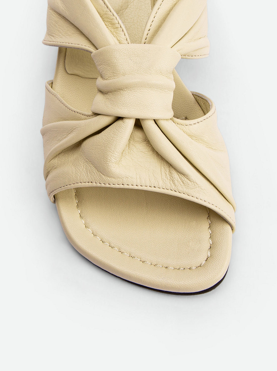 Adele Beige Leather Heel Mules - Toe Close-up View - POEVE Collection