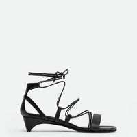 Muse Black Leather Heel Lace-up Sandals - Side View - POEVE Collection