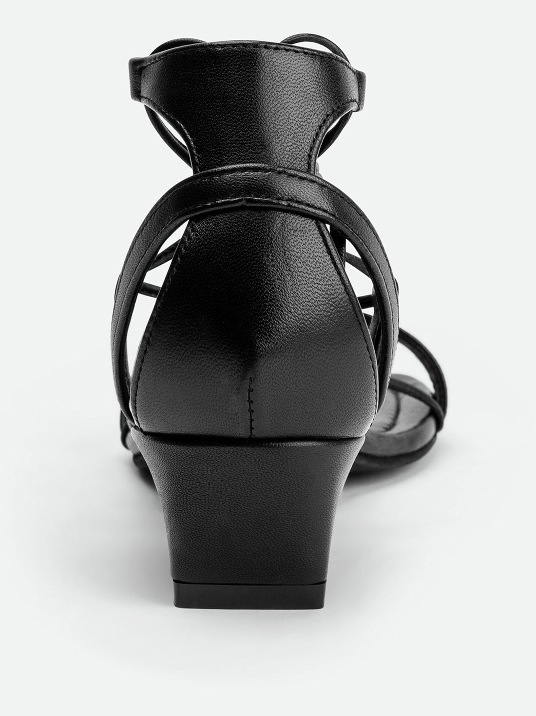 Muse Black Leather Heel Lace-up Sandals - Back Close-up View - POEVE Collection