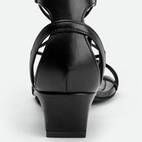 Muse Black Leather Heel Lace-up Sandals - Back Close-up View - POEVE Collection