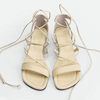 Muse Beige Leather Heel Lace-up Sandals - Top View - POEVE Collection