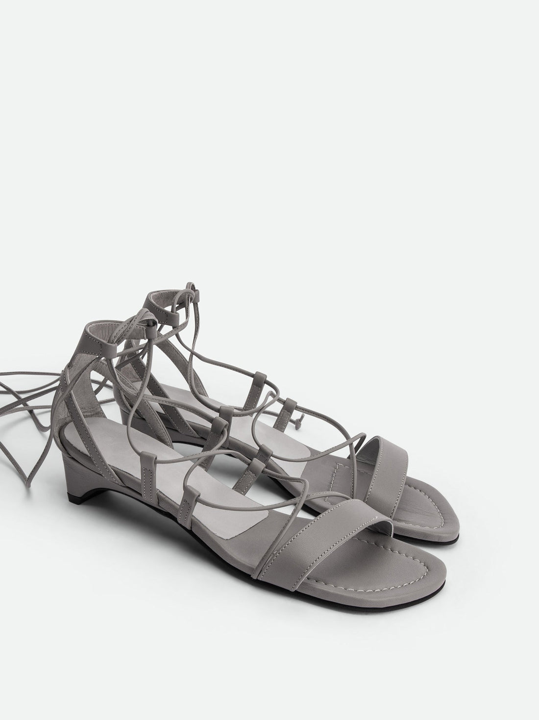 Muse Grey Leather Heel Lace-up Sandals - Angled Side View - POEVE Collection