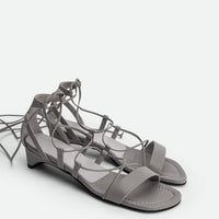 Muse Grey Leather Heel Lace-up Sandals - Angled Side View - POEVE Collection