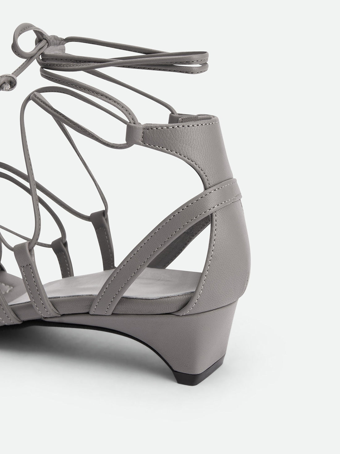 Muse Grey Leather Heel Lace-up Sandals - Heel Close-up View - POEVE Collection
