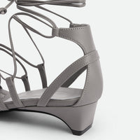 Muse Grey Leather Heel Lace-up Sandals - Heel Close-up View - POEVE Collection