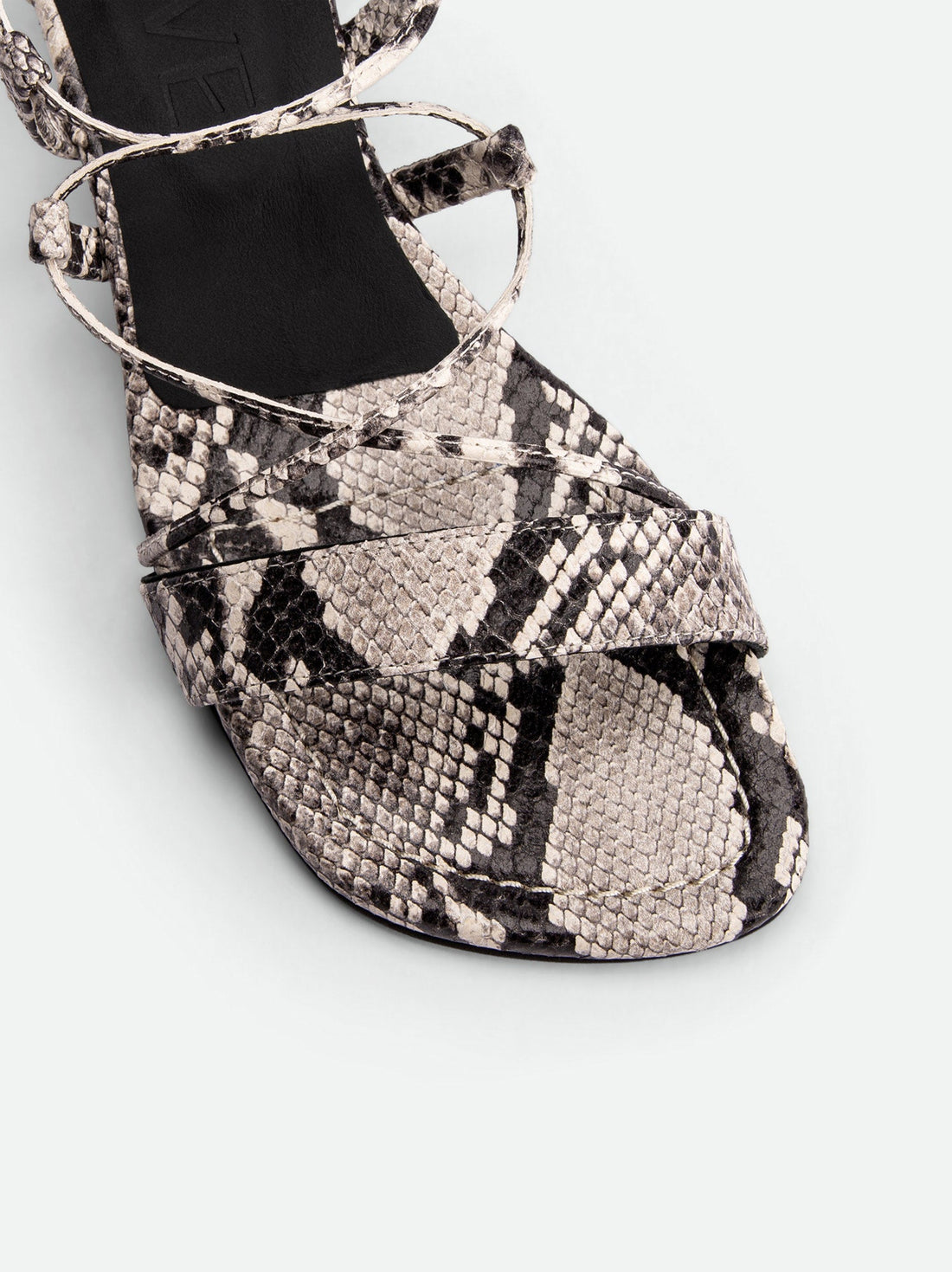 Muse Snake-embossed Leather Heel Lace-up Sandals - Toe Close-up View - POEVE Collection