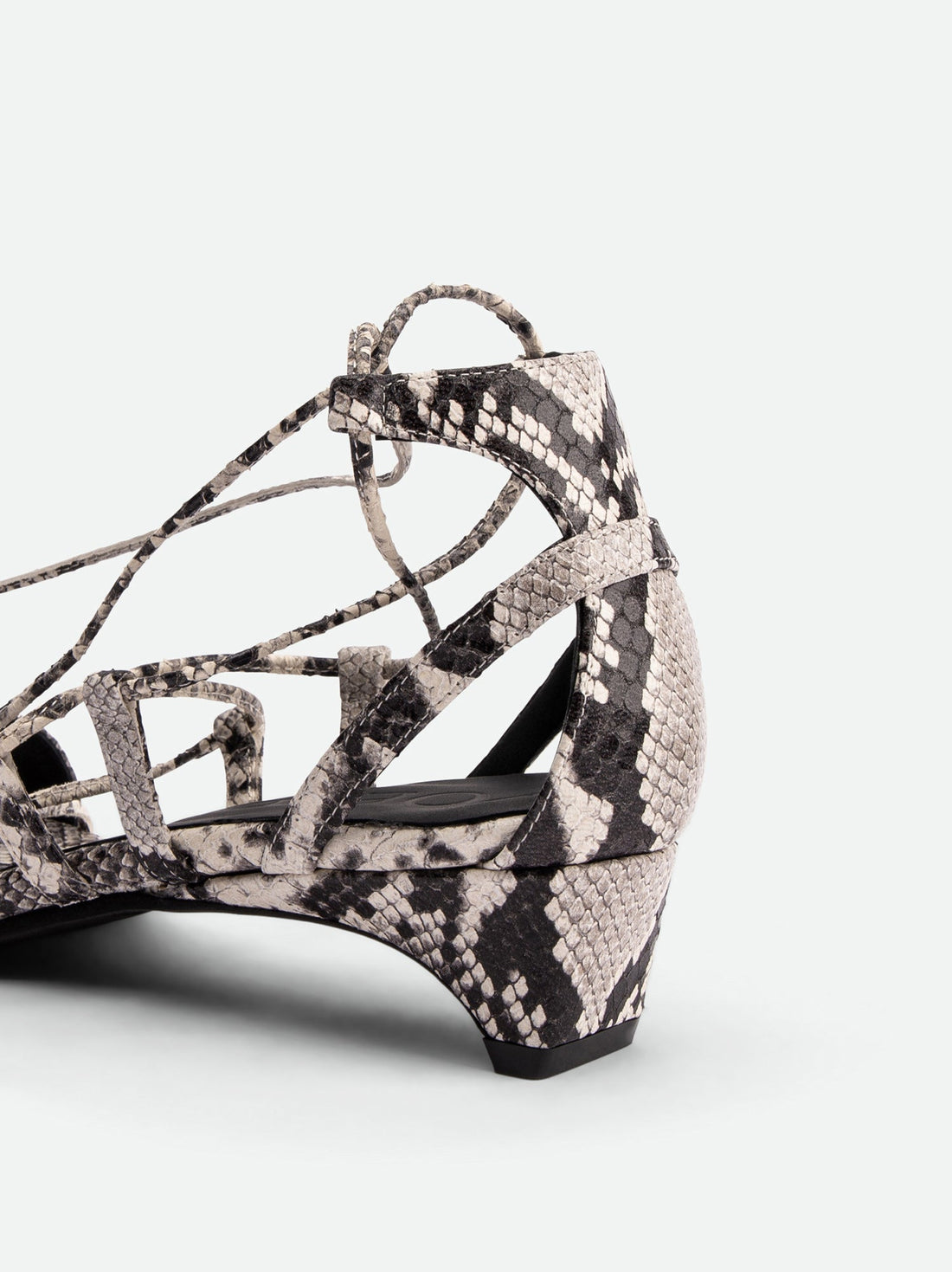 Muse Snake-embossed Leather Heel Lace-up Sandals - Heel Close-up View - POEVE Collection