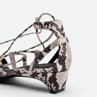 Muse Snake-embossed Leather Heel Lace-up Sandals - Heel Close-up View - POEVE Collection