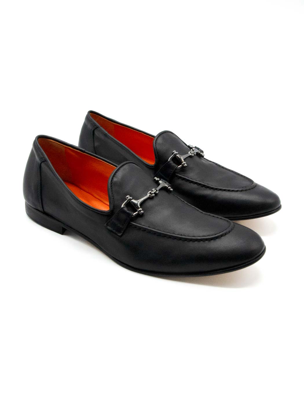 Harry Black Leather Loafers with Metal Buckle - Angled Side View - POEVE Collection