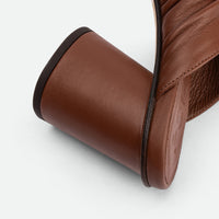 Fleur Chocolate Leather Heel Mules - Heel Close-up View - POEVE Collection