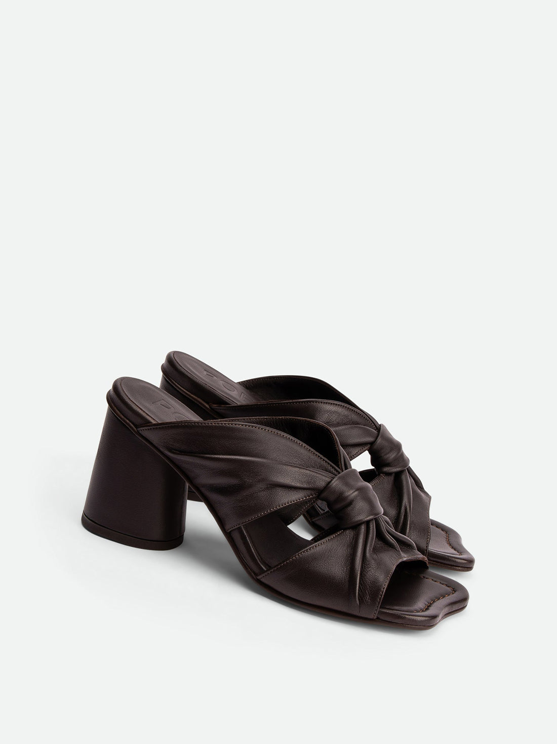 Fleur Brown Leather Heel Mules - Angled Side View - POEVE Collection