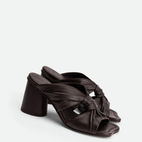 Fleur Brown Leather Heel Mules - Angled Side View - POEVE Collection