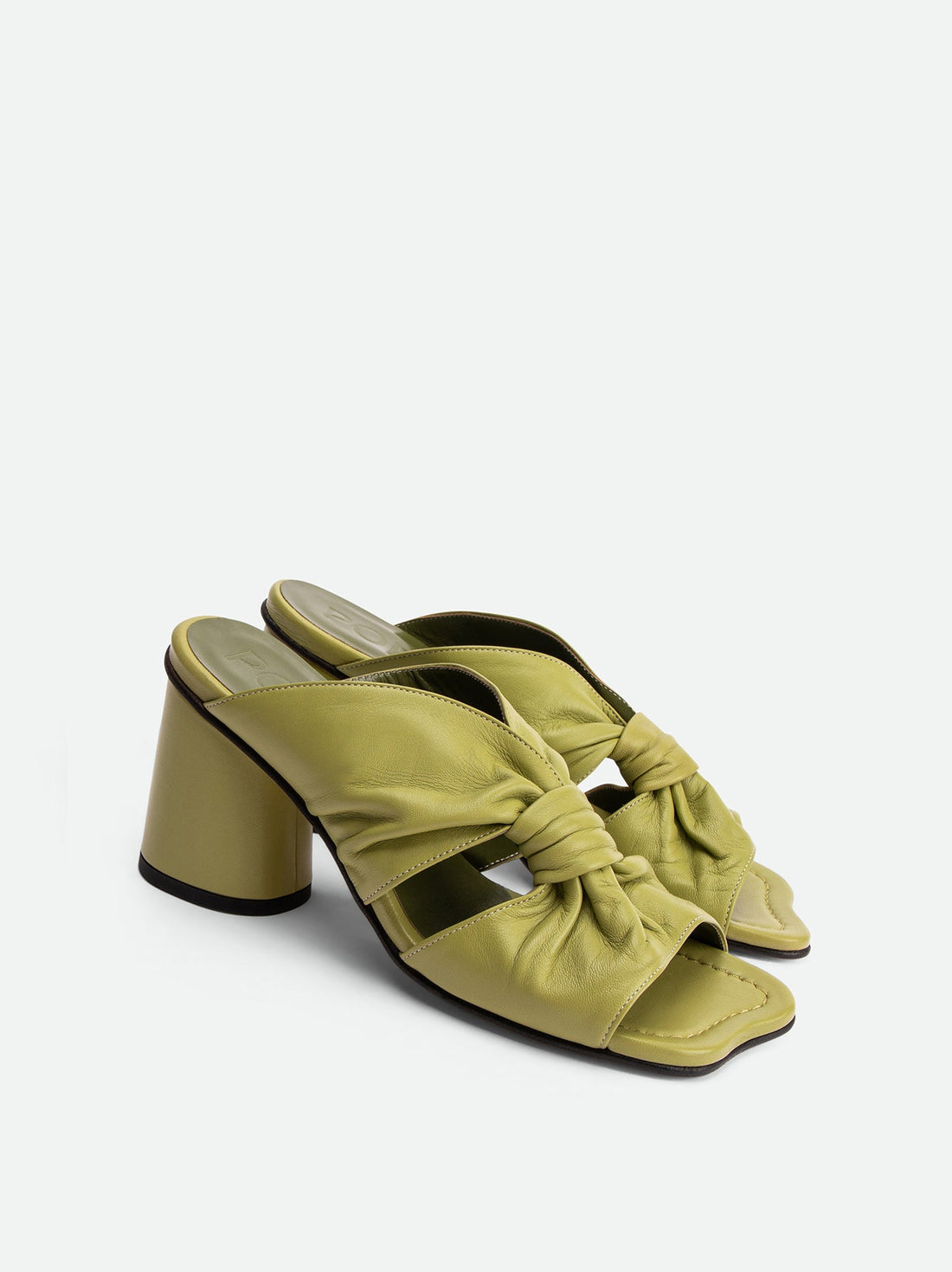 Fleur Green Leather Heel Mules - Angled Side View - POEVE Collection