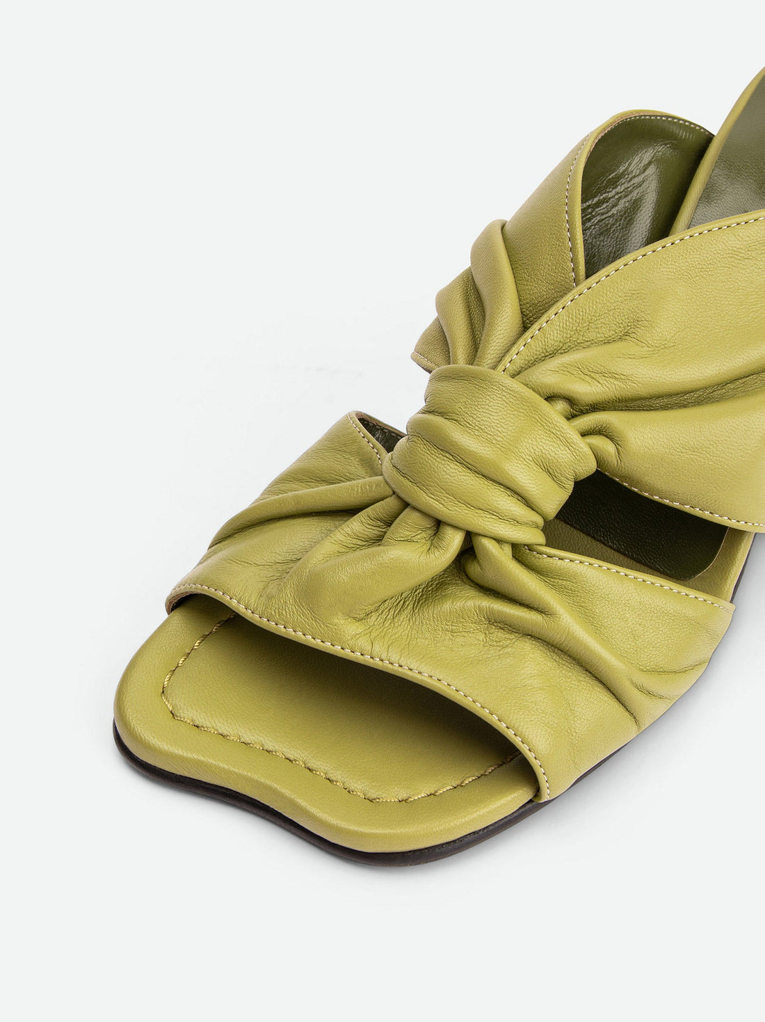 Fleur Green Leather Heel Mules - Toe Close-up View - POEVE Collection