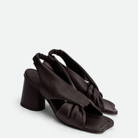 Sasha Brown Leather Heel Sandals - Angled Side View - POEVE Collection