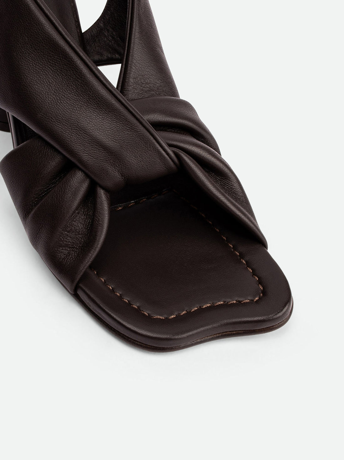 Sasha Brown Leather Heel Sandals - Toe Close-up View - POEVE Collection