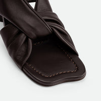 Sasha Brown Leather Heel Sandals - Toe Close-up View - POEVE Collection
