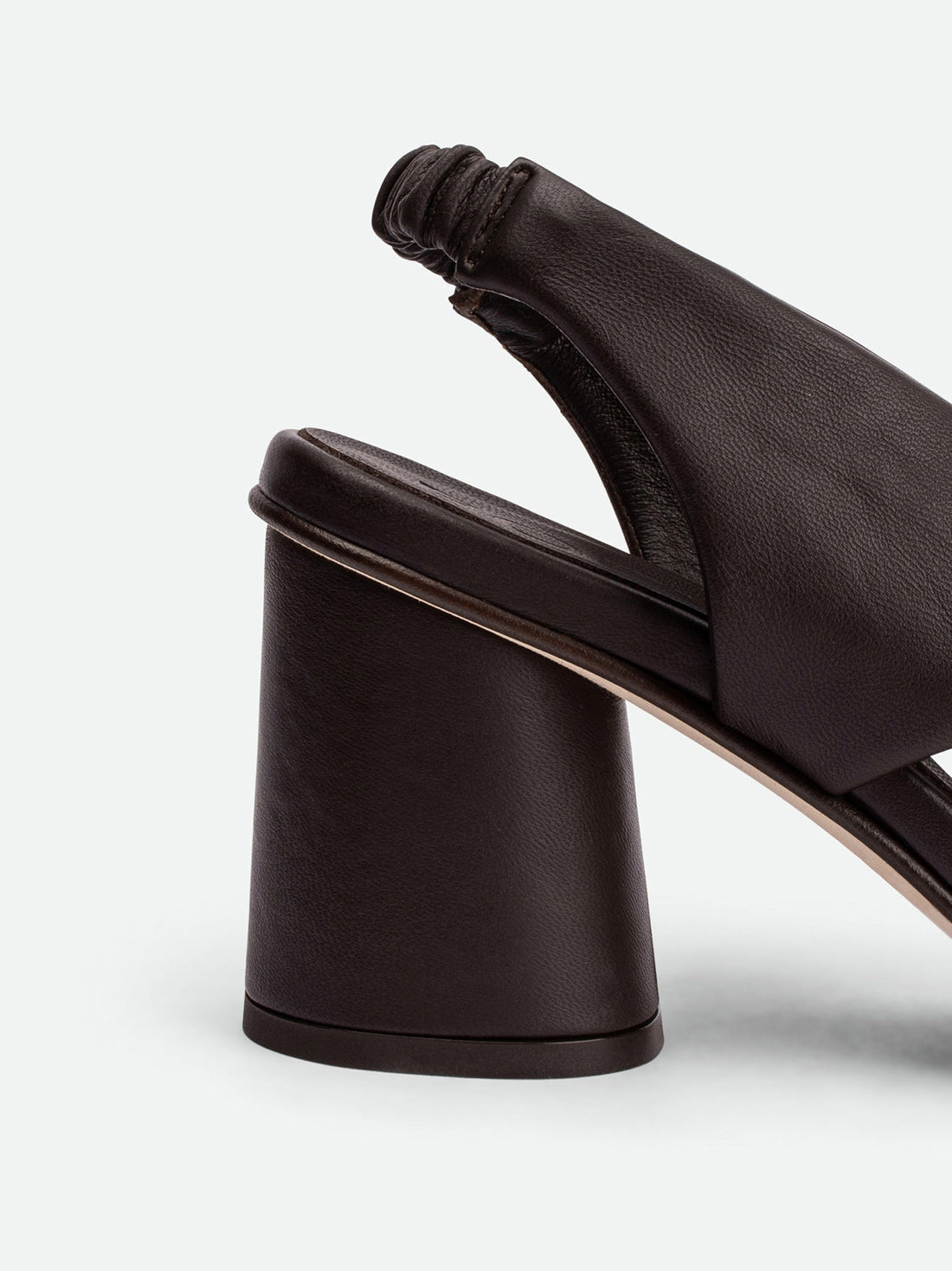 Sasha Brown Leather Heel Sandals - Heel Close-up View - POEVE Collection