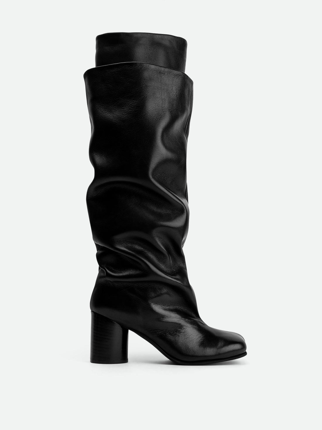 Hazel Black Leather Heel Tall Boots - Side View - POEVE Collection