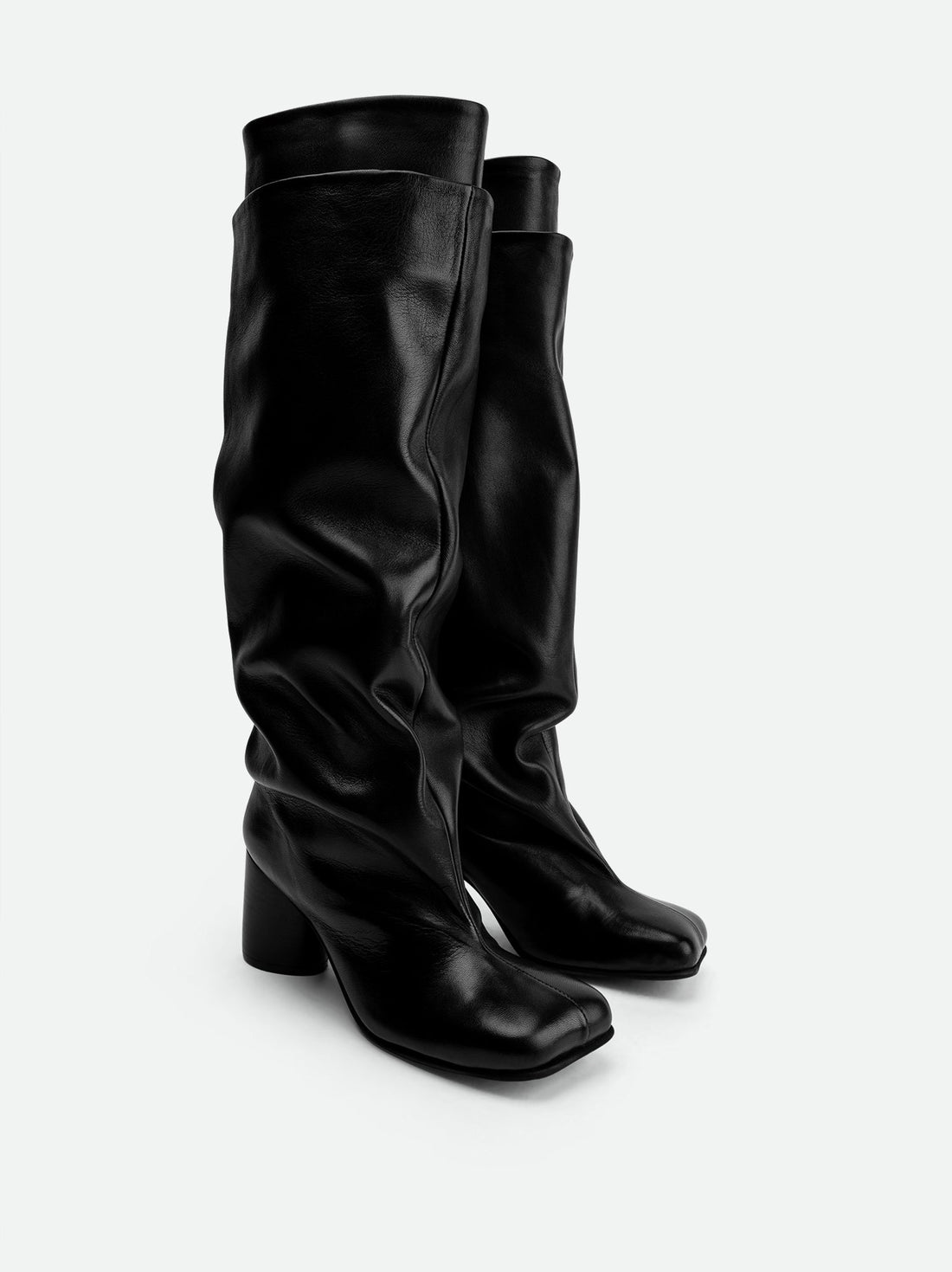 Hazel Black Leather Heel Tall Boots - Angled Side View - POEVE Collection